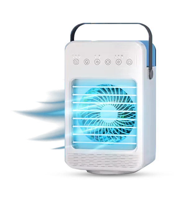 TundraFreeze portable air cooler displaying ice-blue fan and horizontal louvers