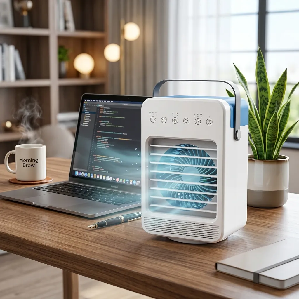 TundraFreeze cooler blowing cool mist next to a laptop on a modern office desk